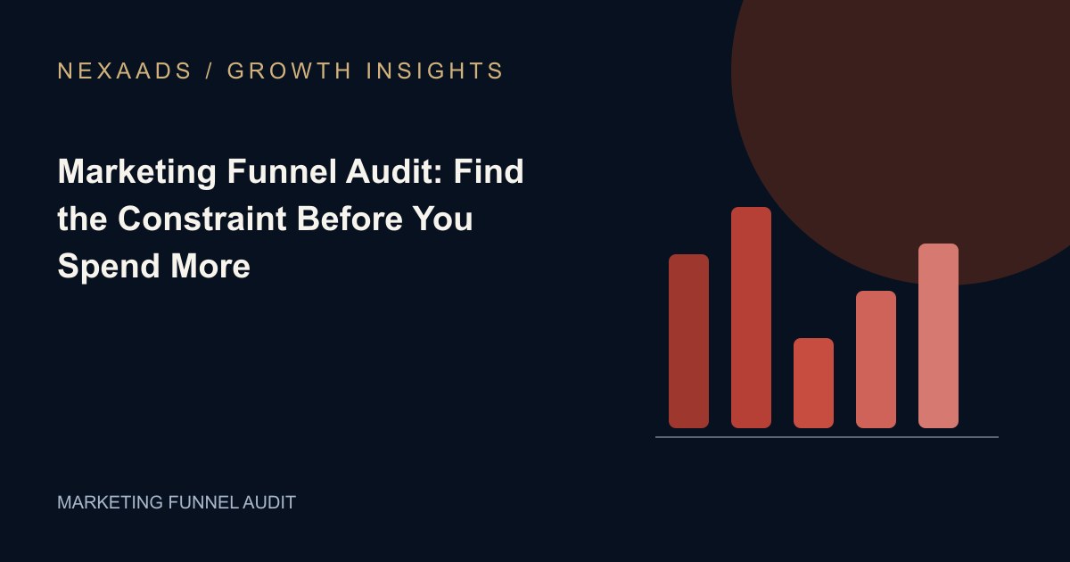 Original NexaAds editorial diagram: Marketing Funnel Audit: Find the Constraint Before You Spend More